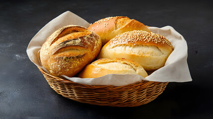 Freshly baked bread rolls in woven basket, perfect for any meal