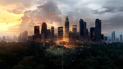 Fototapeta premium Glowing Futuristic Cityscape with Renewable Energy and Sustainable Infrastructure