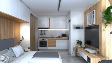 Fototapeta premium Minimalist studio apartment with small kitchen. 