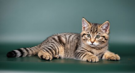 Obraz premium Curious tabby cat relaxing on green background for pet themed projects