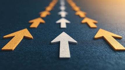 Leading the Way: A path of upward-pointing arrows, with a central white arrow leading the way, symbolizes progress, innovation, and strategic advantage.  