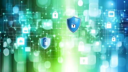 Secure network protection symbols with shields and padlocks on digital background
