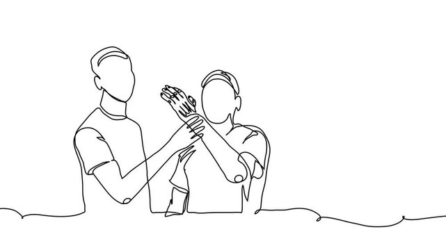Two men demonstrates prosthetic arm, hand, limb prosthesis footage. One continuous line art, self drawing animation. Animated Illustration of man with prosthetic arm