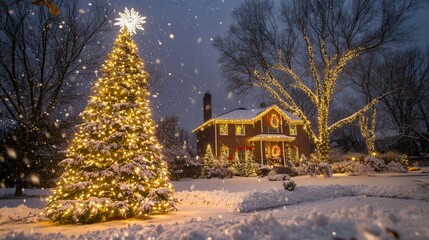beautifully decorated christmas tree in a snowy landscape