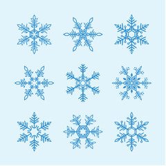 Snowflake variations icon collection. Snowflakes Blue ice crystal on blue background. Winter symbol. Christmas logo sign.