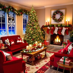 Festive Living Room Ideas: Red Sofas, Garland, and Sparkling Lights