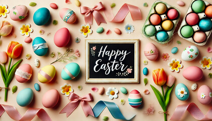 Cheerful Easter Flat Lay with Eggs and Ribbons