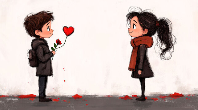 Boy shyly gives girl flower an Valentain's day