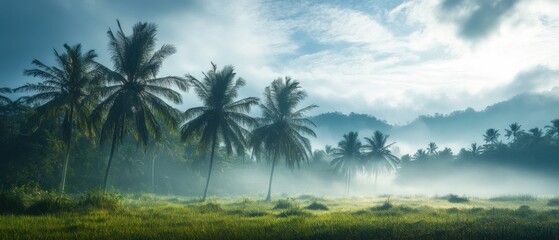 Obraz premium serene landscape with palm trees and misty mountains