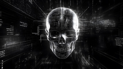 Digital skull with binary code in dark environment, symbolizing hacker threats and cyber security