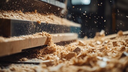Woodworking Process: Lumber and Sawdust in Motion