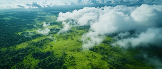 Obraz premium aerial view of lush green landscape with clouds