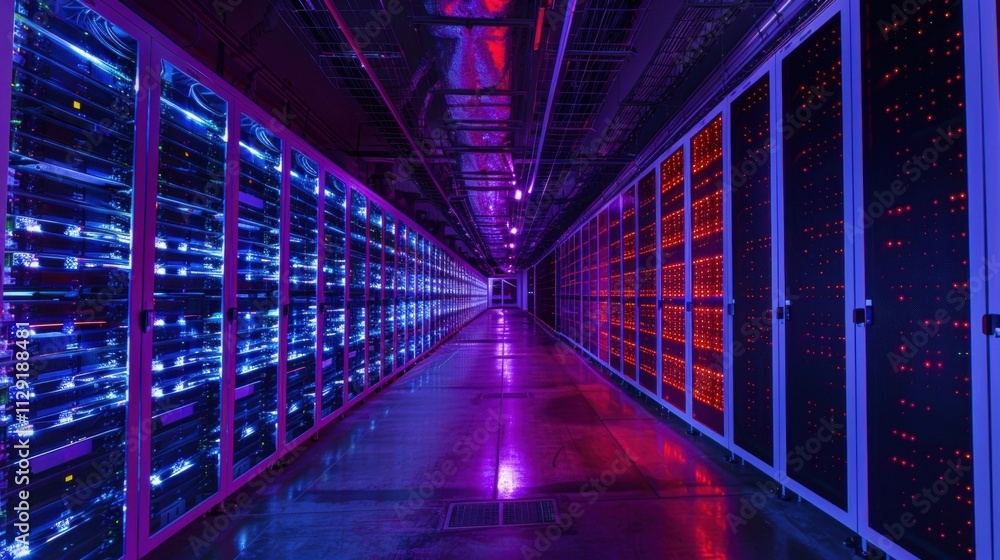 Poster modern server room corridor with flashing led lights illuminating the aisles of a datacenter, creati
