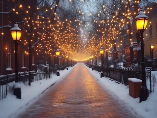 Snowy Street Scene Illuminated By Festive Lights