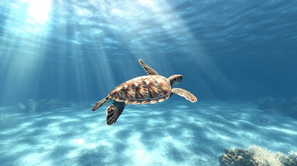 Obraz premium Sea turtle swimming underwater, sunbeams.