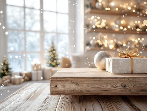 Cozy and warm Xmax scene of a wooden table surrounded by Christmas decorations 