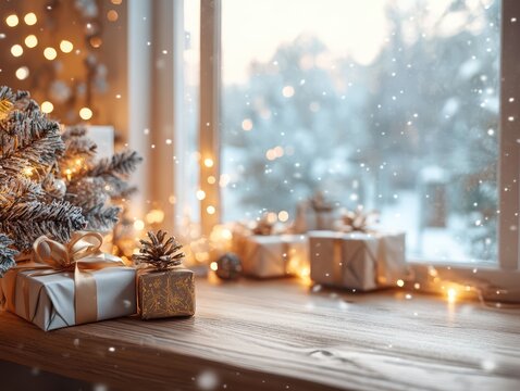 Cozy and warm Xmax scene of a wooden table surrounded by Christmas decorations 