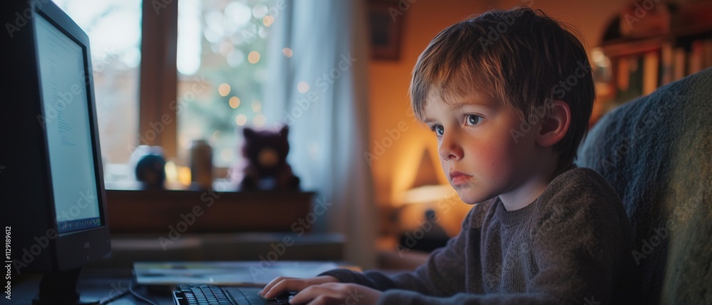 Poster focused child using computer at home