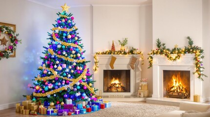 A beautifully decorated living room featuring two vibrant Christmas trees, a cozy fireplace, and wrapped presents, creating a magical holiday atmosphere