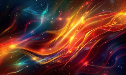 Multicolor light waves with stars against dark background. Abstract energy concept