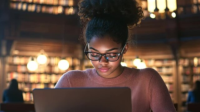 Student Studying with Laptop and Bagel in University Library
