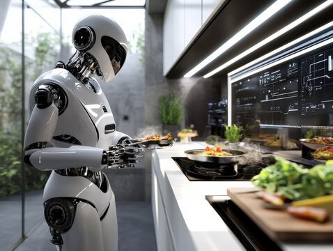 robot cooking in a modern kitchen with high-tech appliances