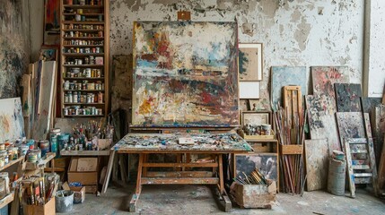 Canvas and paint supplies in an artistic studio. 