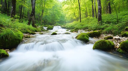 Serene stream flowing through lush green forest.