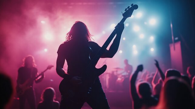 Silhouette of a bass guitarist performing on stage in a concert hall with a large audience. Vivid colors, lights and music fill the scene.