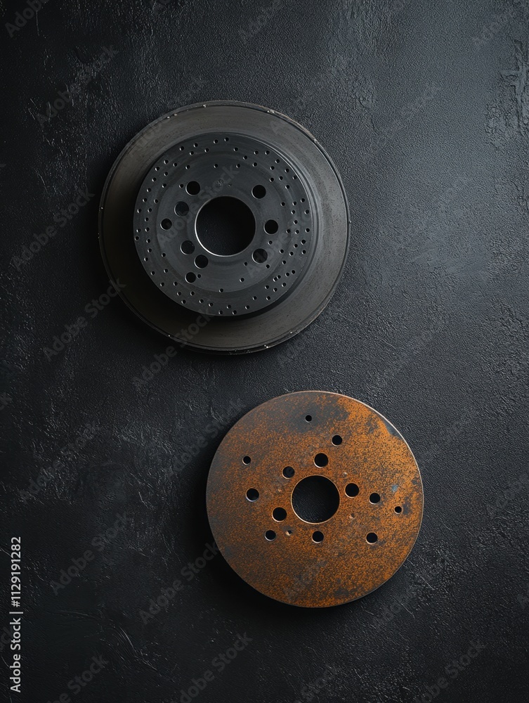 Poster Close-up view of brake pads and discs displaying a comparison between a new and a worn component, set against a dark background. Generative AI