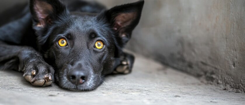 black dog lying down with expressive eyes