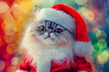 A Persian cat in a fluffy Santa suit, surrounded by vibrant holiday-themed colors, cartoonish style.