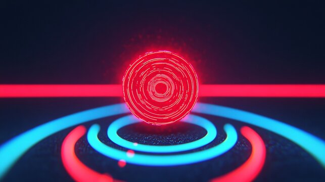 Neon Sphere: A mesmerizing sphere glows with a pulsating red light, surrounded by vibrant blue and red neon rings, creating an ethereal and futuristic ambiance.  