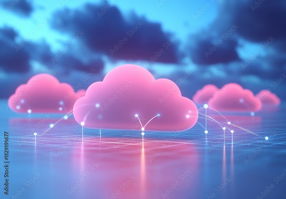Poster digital cloud computing concept with abstract clouds over a serene water surface and data connection