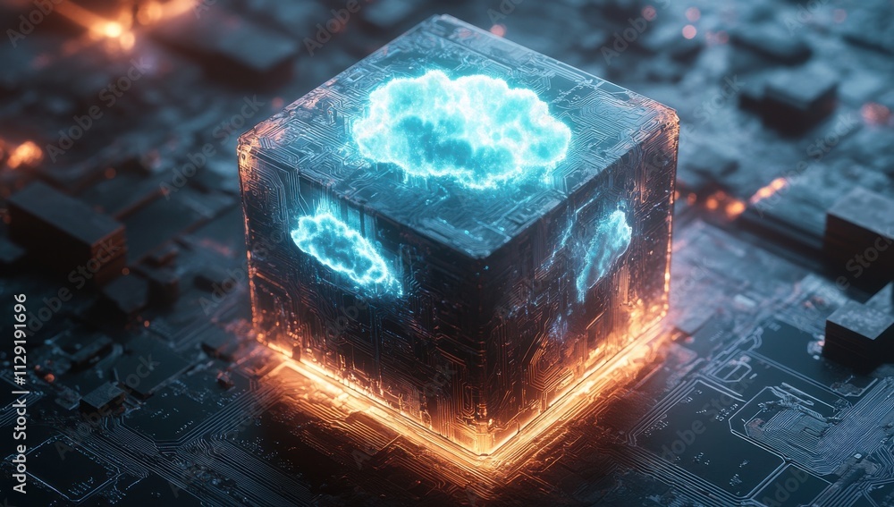Aufkleber digital cloud computing concept represented by a glowing cube surrounded by futuristic circuitry and
