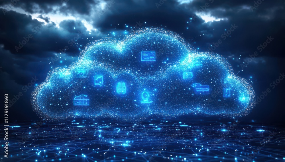Aufkleber digital cloud concept with abstract icons representing data storage, connectivity, and information t