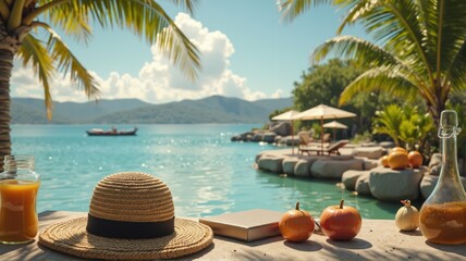 Straw hat, book, and pumpkins creating a relaxing tropical getaway scene