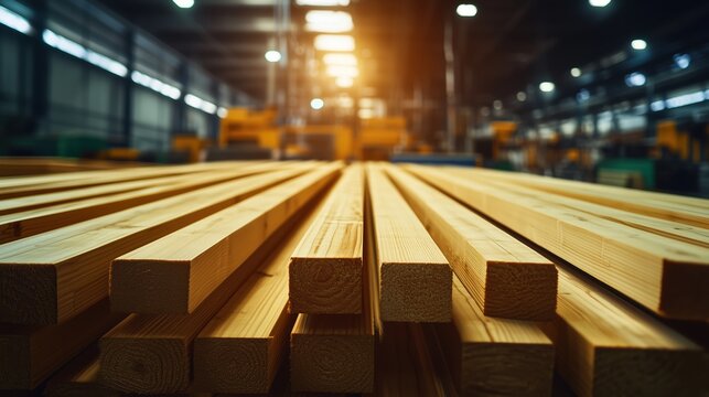 Wooden beams stacked in production line at sunset. Lumber manufacturing concept