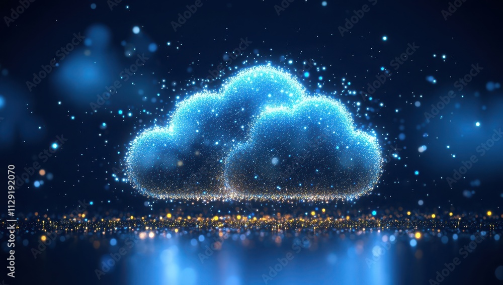 Poster digital cloud illustration with glittering particles and blue background for technology and data sto