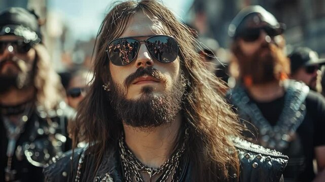 A man with a beard and sunglasses stands in front of a crowd. He is wearing a leather jacket and a bandana