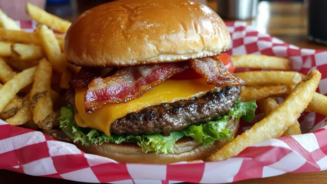 A hamburger with bacon and cheese on a bun sits on a red and white plate with french fries
