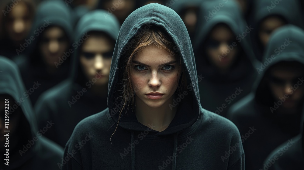 Poster surrounded by a sea of black-hooded figures, a determined woman in a hoodie grabs attention with her