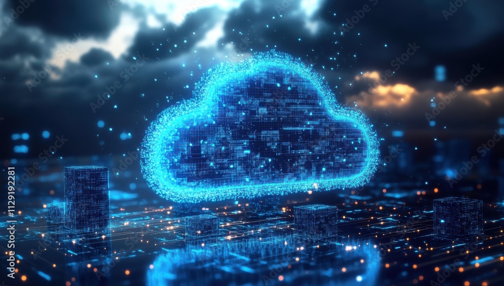 Poster digital cloud representation with data points and light effects capturing the essence of virtual dat