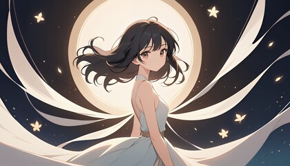 A dreamy digital painting of an anime girl in a flowing dress, bathed in soft moonlight. The artwork evokes a sense of peace and wonder.