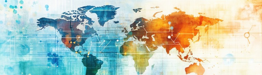 Obraz premium A vibrant, abstract digital world map with colorful gradients and modern design elements.