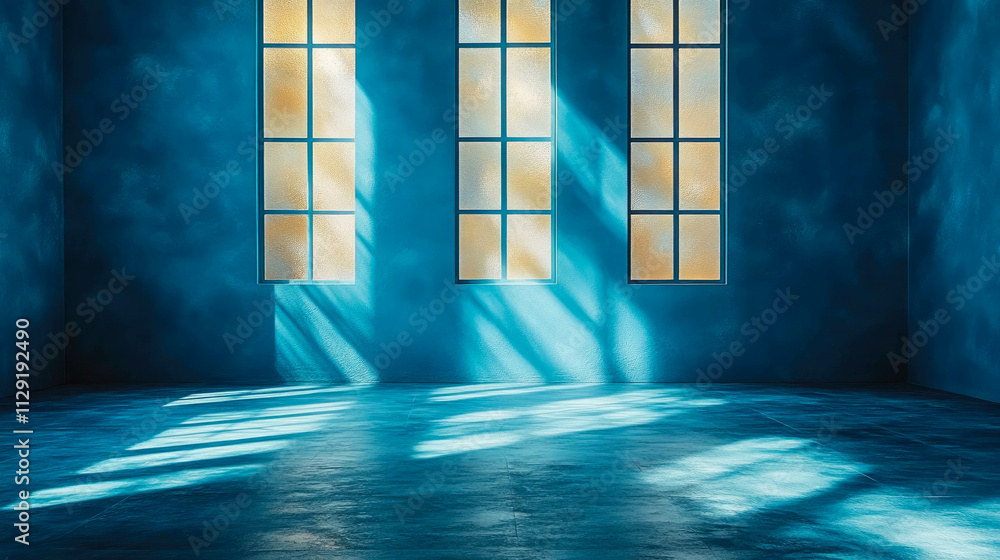 Poster an empty blue room with a large window casting soft shadows and golden sunlight reflecting off the w