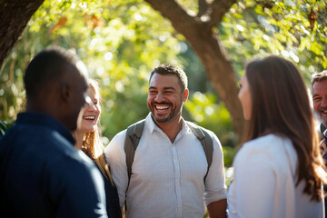 Fototapeta premium Group of Colleagues Smiling Outdoors During Team-Building Event. Generative Ai.