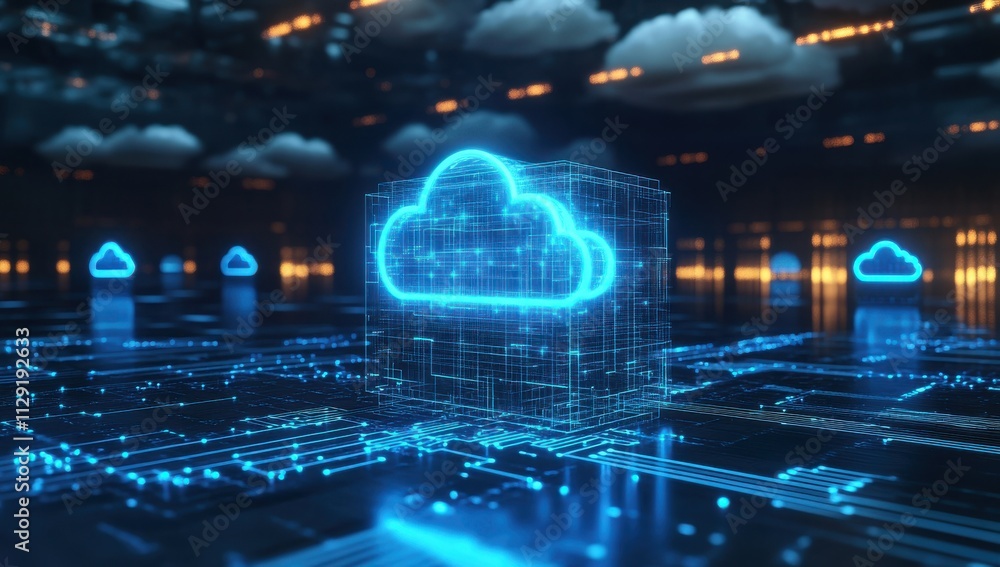 Poster digital cloud technology representation with glowing effects and circuit patterns, symbolizing data 