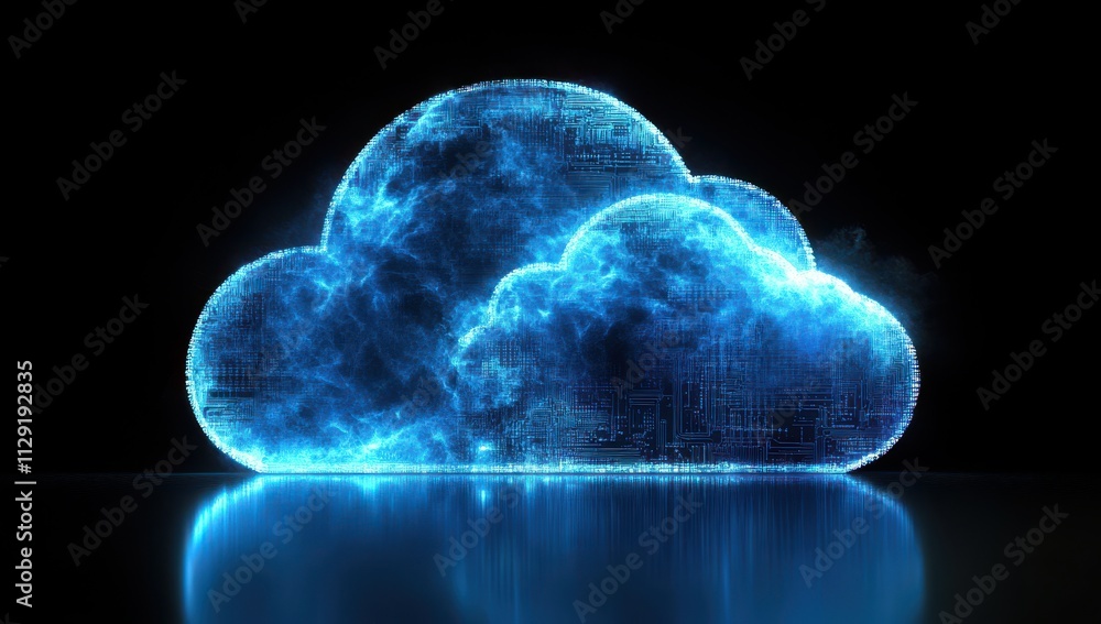 Poster digital representation of cloud computing with glowing blue clouds, illustrating technology integrat