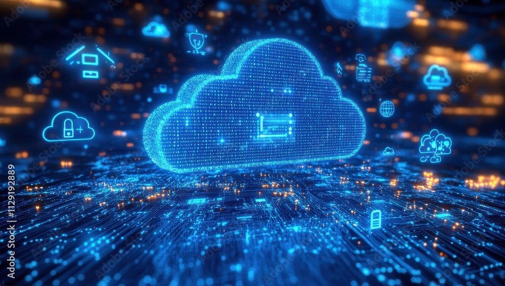 Poster digital representation of cloud computing with binary code and iconic symbols illustrating data tech